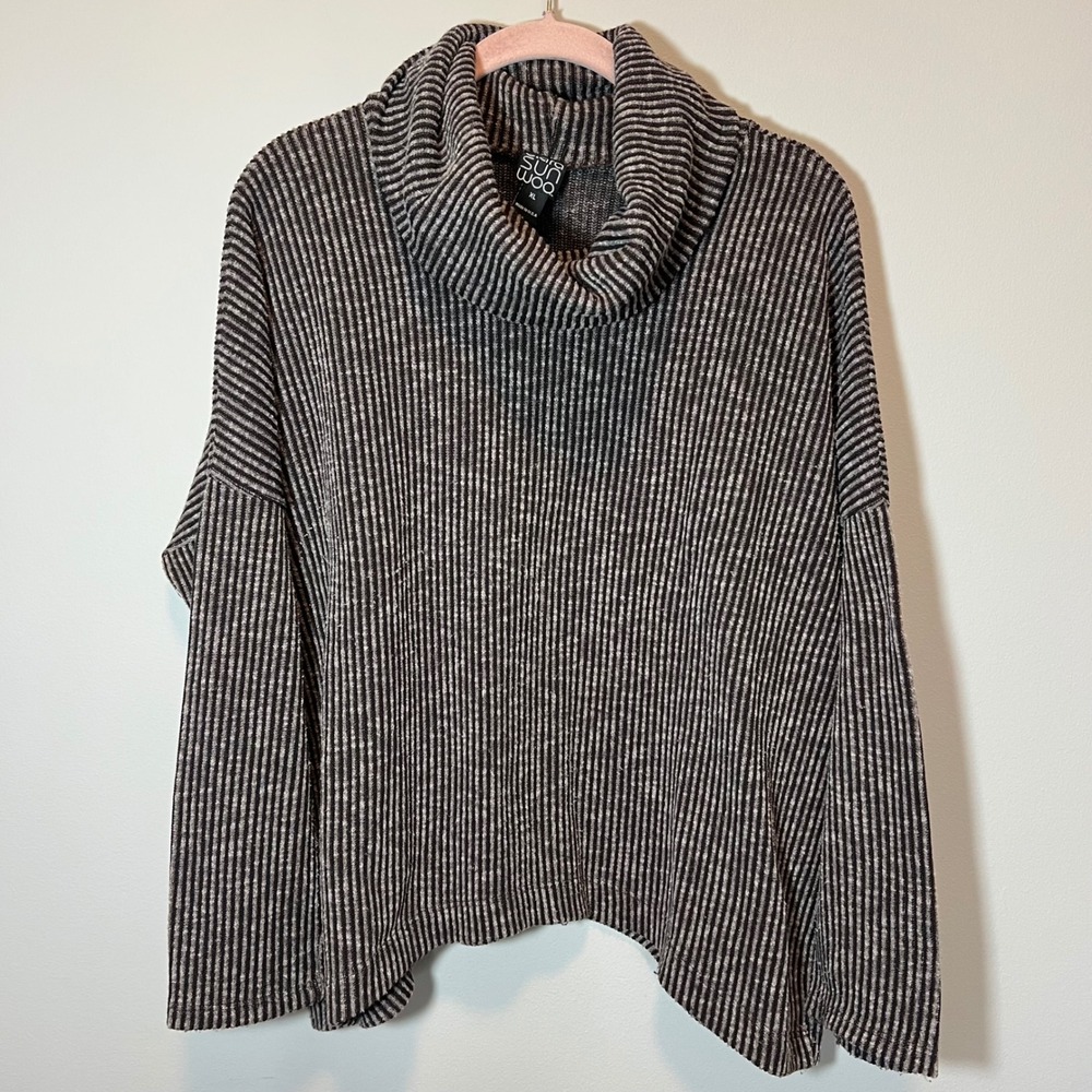 Clara Sunwoo Women's XL Cowl Neck Striped Oversized Sweater Brown Charcoal Knit